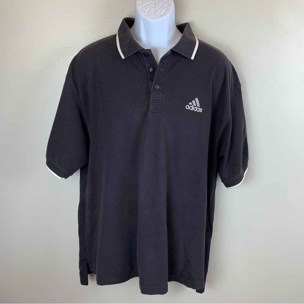 Vintage Adidas Polo Shirt‎ Mens L Black White Accents Embroidered 3 Stripe Logo